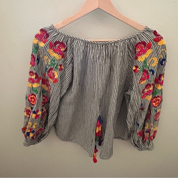 Floreat Soleil floral embroidered striped cotton peasant top w/ tassels Size XSP - Picture 6 of 13